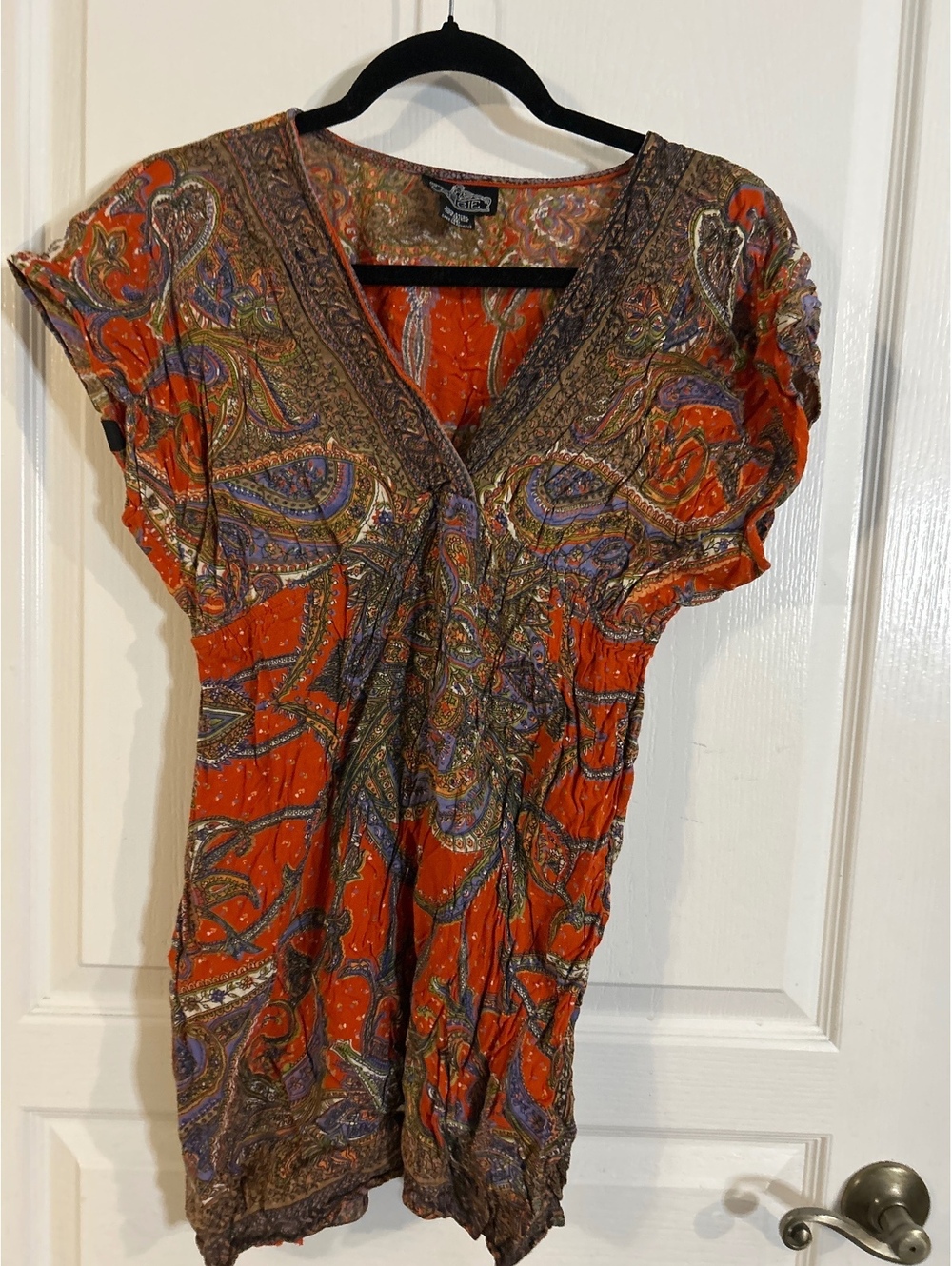 Angie Orange Paisley Rayon V-Neck Blouse Medium